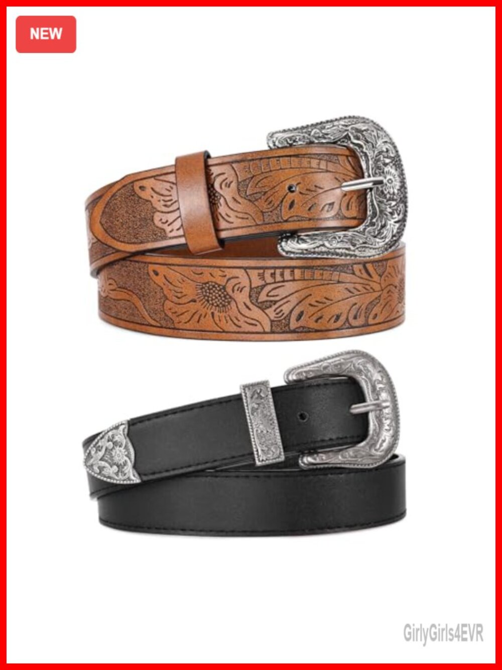 2 Pack Women Western Faux Leather Belts with Big Silver Buckle, Vintage Carved,